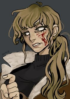 a drawing of a woman with blood on her face holding a knife and looking at the camera