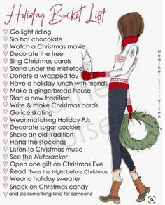 a holiday bucket list with a woman holding a wreath