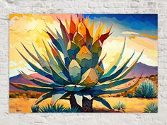 an abstract painting of a cactus in the desert