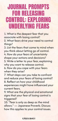 Explore deep-rooted fears and let go of control with these insightful journal prompts. Uncover what's holding you back and cultivate a sense of peace and freedom. Dive into self-reflection, understanding, and transformation with this powerful exercise. Allow yourself to release fears and embrace a life filled with optimism and possibility. Start your journey towards inner healing today! Journaling Prompts For Letting Go, Fear Of Rejection Journal Prompts, Fear Of Letting Go, Let Go Journal Prompts, Fear Journal Prompt, Self Reflection Journal Prompts, Releasing Control, Let Go Of Control