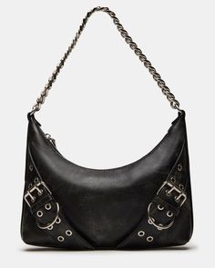 This GRAYA bag is a chic and versatile bag that features a chain shoulder strap for easy carrying. With its moto-inspired distressed design, hardware, and secure zip closure, this bag is both stylish and functional. Upgrade your outfit with this sleek and modern accessory while staying organized on the go. Chain strap shoulder bag Top zipper closure Buckle and chain detailing Shoulder strap: 10 inches 7.75in H x 9.75in W x 2in D Synthetic materials Duster bag included Imported Affordable Y2k Style Baguette Shoulder Bag, Affordable Embellished Women's Shoulder Bag, Rock Chic Accessories, Mugler Star Bag, Alternative Handbag, Rock Handbag, Decorated Bag, Goth Purse, Gothic Purse