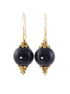 Black Onyx Ball Drop Short Gold Statement Earrings – KMagnifiqueDesigns Luxury Onyx Drop Earrings, Elegant Black Beaded Jewelry, Black Beads Drop Earrings For Evening, Black Beaded Drop Earrings For Evening, Evening Black Bead Drop Earrings, Elegant Black Round Bead Earrings, Elegant Round Beads Crystal Earrings For Party, Luxury Gold Onyx Earrings, Evening Black Beaded Drop Earrings