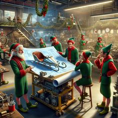 the elves are working on an assembly line with santa hats and green pants, while other men in red and green outfits stand around