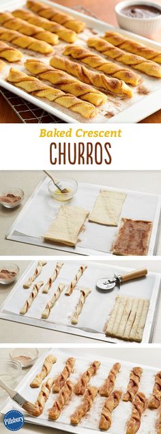 baked crescents and churros are arranged on trays for display in the kitchen