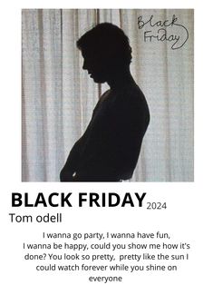 a black friday poster with a man standing in front of a curtain