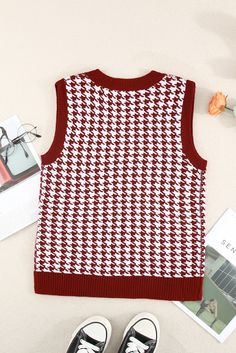 Red V Neck Argyle Plaid Knitted Sweater Vest Casual Red Sweater Vest For Winter, Red Cotton Sweater Vest For Fall, Red Knit Sweater Vest For Fall, Houndstooth Sweater Vest, Check Vest, Knitted Sweater Vest, Houndstooth Sweater, Casual Knitwear, Vest For Women