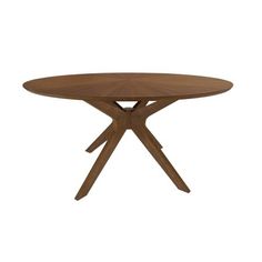 a round wooden table with two crossed legs on an isolated white background for use as a dining room or office space