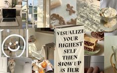 a collage of photos with various items and words on them, including an open laptop