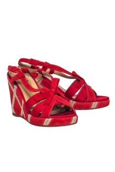 Current Boutique-Ferragamo - Red Suede Open Toe Strappy Slingback Wedges w/ Pattern Heels Sz 9 Pattern Heels, Walking On A Dream, Dreamy Style, Dream Date, Red Clutch, New Restaurant, High Wedges, Salvatore Ferragamo Shoes, Strappy Wedges