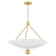 a light fixture with two white plates hanging from it's sides and gold chains on the bottom