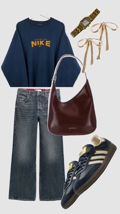 an outfit with jeans, sneakers and a handbag is shown in the image above it