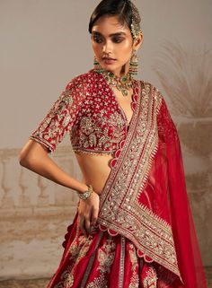 Ridhi Mehra | Shanno Red Lehenga Set | INDIASPOPUP.COM Traditional Accessories, Journey Of Love, Indian Bridal Lehenga, Embroidered Crop Tops, Persian Culture, Red Lehenga, Elegance Style, The Emotions, Custom Bridal