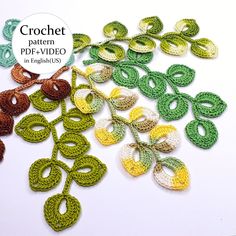 the crochet pattern is made up of different colors and shapes, including leaves