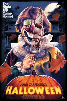 a movie poster for the film halloween with a clown holding a knife in it's hand