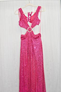 Elevate your style with our Fuchsia Sequin Maxi Dress with Pearl Trim. This enchanting dress is perfect for making a statement at special events, whether it's a glamorous party, a chic wedding guest appearance, or any elegant occasion. The exquisite sequin detailing and pearl trim add a touch of sophistication to your look. Crafted from 100% polyester, this dress offers both comfort and style. The lace-up design ensures a perfect fit, highlighting your silhouette beautifully. Embrace luxury and Pink Fitted Prom Evening Dress, Pink Fitted Evening Dress For Prom, Fitted Pink Evening Dress For Prom, Chic Pink Prom Evening Dress, Pink Sequined Evening Dress For Prom, Pink Fitted Evening Dress For Gala, Chic Pink Maxi Dress For Party, Fitted Pink Evening Dress For Gala, Summer Gala Floor-length Sequin Dress