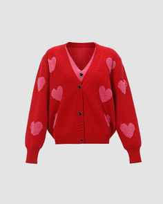 Product Details: Cardigan with buttons and repeating heart printLength:NormalSleeve Length:Long sleevesMaterial:100%Acrylic Red V-neck Sweater With Button Closure, Trendy Winter Outerwear With Heart Print, Fall Long Sleeve Heart Print Outerwear, Casual Long Sleeve Heart Print Outerwear, Red Long Sleeve Sweater With Button Closure, Trendy Heart Print Cardigan For Fall, Red Knit Cardigan With Button Closure, Red Acrylic Outerwear For Fall, Oversized Heart Print Sweater For Fall