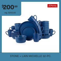 Make a loud statement with your dishes. The stone lain Michelle 32-piece stoneware round dinnerware set in blue is unforgettable. The perfect balance between trendy cool and modern classicism, these round plates, bowls, and cups turn every table into a hip party. It includes 8 large round 10" dinner plates, 8 round 7.5" salad plates with a unique lipped edge, 8 deep round 5.75" bowls and 8 earthy 12 oz cups. These home essentials are expertly crafted, artfully designed, and reminiscent of after… Modern Dishes, 10 Dinner, Stoneware Dinnerware Sets, Artfully Designed, Stoneware Dinnerware, Kitchen Remodel Idea, Home Essentials, Dinnerware Set, Salad Plates