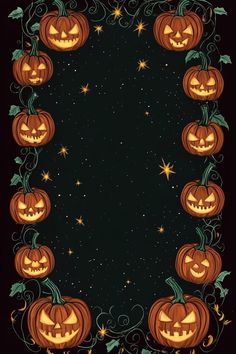 halloween pumpkins on a black background with stars and swirly vines in the middle