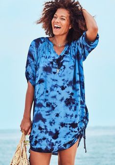 The easy, breezy Abigail Cover Up Tunic is a beach bag must-have! With a relaxed fit and lightweight fabric, this cover up is the perfect throw-on-and-go Perfect Swimsuit, Swimsuits For All, Roll Up Sleeves, Easy Breezy, Swimwear Cover Ups, Blue Tie, Swimsuit Cover Ups, Blue Ties, Blue Tie Dye