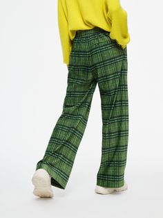 Details: Vintage vibe check trousers Wide-legged trousers with elasticated waist and straight, draped trouser shape. Plaid fabric with its own pleats. Materials & Care: Polyester Fiber 100% Hand wash | Dry clean Do not bleach Size & Fit: Model is 5'7", Bust 32, Waist 24, Hips 35, wearing a size S Item #: LL3PA12 Relaxed Fit Plaid Pants With Elastic Waistband, Plaid Straight Pants With Relaxed Fit, Plaid Relaxed Fit Pants, Plaid Relaxed Fit Trousers, Plaid Relaxed Fit Straight Pants, Relaxed Fit Plaid Straight Pants, Relaxed Fit Plaid Trousers, Check Trousers, Chic Business Casual