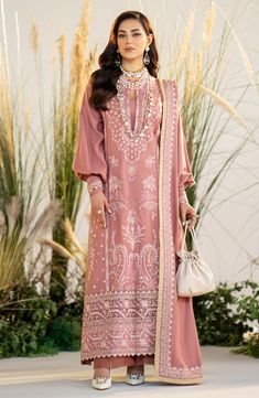 Luxury Pink Embroidered Pakistani Salwar Kameez Dupatta Salwar Suit Pakistani Winter Dresses, Pakistani Salwar, Raw Silk Fabric, Floral Patches, Pakistani Salwar Kameez, Leather Dye, Ladies Clothing, Organza Dupatta, Embroidered Neckline