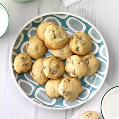 a plate full of chocolate chip cookies and milk