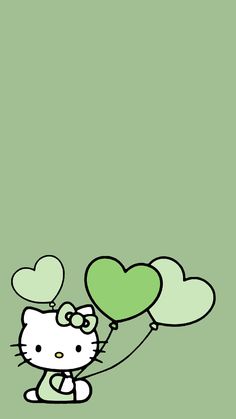 an image of hello kitty holding balloons with hearts on it's back and green background