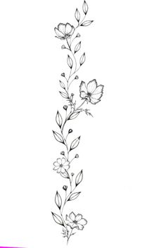 a black and white drawing of flowers with leaves on the bottom half of each flower