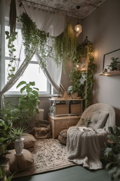 a living room filled with lots of plants next to a window and a rug on the floor