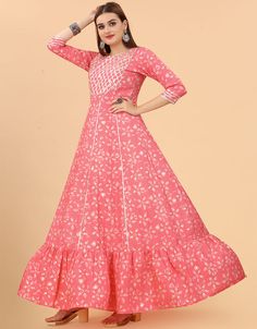 Trendy Party Wear Readymade Gown Processing Time : 20 Business Days Work : Printed,Gota Pati Work Fabric:Maslin Color:Peach Note:Slight Color Variation Is Possible Printed Kurti, Moroccan Caftan, Green Bottom, Hip Dress, Day Work, Black Bottoms, Waist Dress, Muslim Fashion, Party Wear