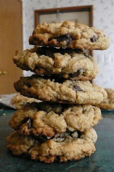 chocolate chip cookies stacked on top of each other