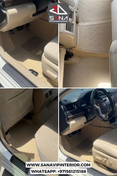 the interior of a car is shown in three different pictures, including beige and white