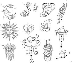 an image of some tattoos on the back of a sheet with stars, clouds and sun