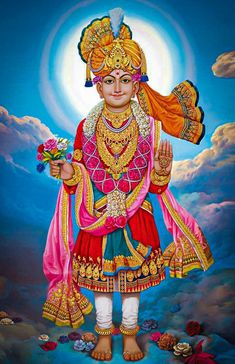 the hindu god is holding flowers in his hand and standing on a cloud - filled sky background