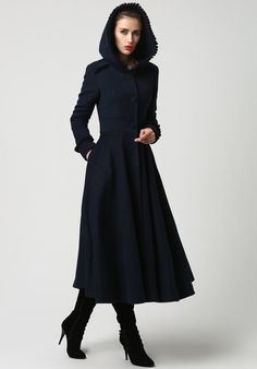 Abrigo de lana azul marino largo de mujer con detalles de capucha y volante (1102) Indie Outfits Grunge, Long Wool Coat Women, Grunge Winter, Navy Blue Coat, Wool Coat Women, Long Wool Coat, Tumblr Outfits, Womens Jackets, Plus Size Coats