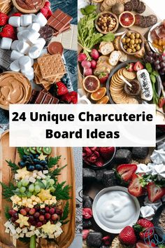 four different pictures with the words 24 unique charcuterie board ideas on them, including strawberries and chocolates