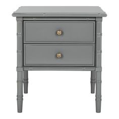 a gray nightstand with two drawers and gold handles on the bottom drawer, against a white background