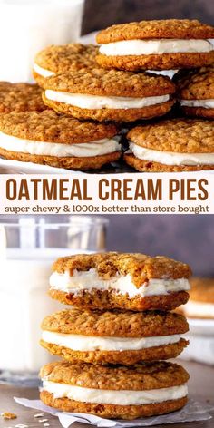 oatmeal cream pies are stacked on top of each other with white frosting