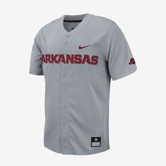 Rep Arkansas Baseball while looking like you just stepped off the diamond yourself in this replica baseball jersey. Team details pair with a button-down design and a classic fit to give you a look that's ready for every day, not just game day. Nike Team Spirit Baseball Jersey With Team Logo, Nike Baseball Jersey For Fan Gear, Nike Game Day Baseball Jersey, Nike Team-colored Baseball Jersey With Team Logo, Nike Baseball Jersey With Team Logo For Fans, Nike Collegiate Baseball Jersey With Team Name, Nike Baseball Jersey For Fan Gear With Team Spirit, Nike Baseball Jersey With Team Name For Baseball Season, Nike Team Spirit Baseball Jersey For Fan Gear