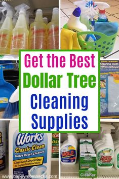 the best dollar tree cleaning supplies are on display in this collage, and it's easy to clean