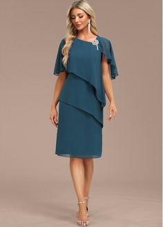 Color:Peacock Blue;Size:S;Size:M;Size:L;Size:XL;Size:XXL;Package Contents:1 X Dress;Occasion:Other;Style:Casual; Cocktail Dress Wedding Guest, Flowy Design, Blue Shift Dress, Cocktail Dress Wedding, Midi Shift Dress, Knee Length Shorts, Cape Sleeves, Peacock Blue, Bride Dresses