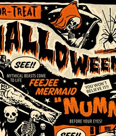 a poster for a halloween party with skeletons and skulls on it's back ground