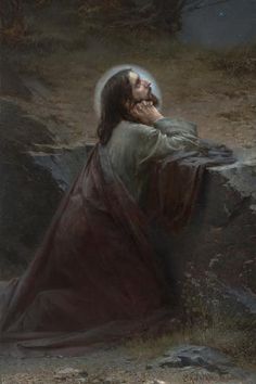 a painting of jesus sitting on a rock with his head resting on his hands and looking at the sky