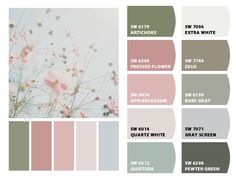 the color palette is pale and soft pinks, grays, green, and white