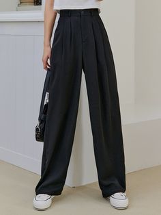 Black Casual Collar  Polyester Plain Wide Leg Embellished Non-Stretch Summer Women Bottoms High Waist Loose Wide Leg Pants, Stretch Pants Women, A Line Pants Outfit, Types Of Bottoms For Women, Large Black Pants Outfit, Oversize Pants Outfit Women, Long Black Pants Outfit, Line Pants Outfits, Large Pants Outfit