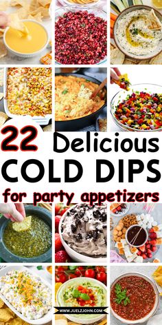 twelve delicious cold dips for party appetizers with text overlay that reads, 22 delicious cold dips for party appetizers