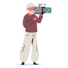 an old man is holding a video camera