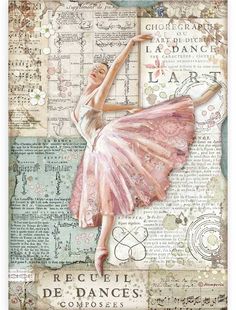 a painting of a ballerina in pink and white with words on the background that say,