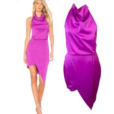 Elliatt Camo Dress Satin Fuschia Purple Asymmetrical Cocktail Evening Wedding Nwt Sz M An Off-Center Hemline And A Halter Neck Make An Artfully Modern Statement On This Satin Cocktail Dress That Will Catch Compliments. 14” Waist 17” Armpit To Armpit 33 1/2" To 43" Length (Size Medium) Hidden Back-Zip Closure Halter Neck Sleeveless, With Cutaway Shoulders Lined 97% Polyester, 3% Spandex Sleeveless Fitted High Low Wedding Dress, Fitted Asymmetrical Satin Dress For Date Night, Chic Satin Dress With Asymmetrical Hem For Party, Satin Dress With Asymmetrical Hem For Date Night, Satin Asymmetrical Dress For Date Night, Spring Party Satin Asymmetrical Dress, Summer Wedding High Low Dress, Fitted Sleeveless High Low Dress, Fitted Sleeveless High Low Dress For Party