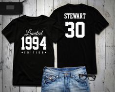 1994 Limited Edition 30th Birthday Party Shirt, 30 years old shirt, limited edition 30 year old, 30th birthday party tee shirt Personalized ORDERING INSTRUCTIONS THIS LISTING INCLUDES PRINTING ON FRONT AND BACK. ('FRONT ONLY' OPTION AVAILABLE IN 'SIZE' DROP DOWN LIST) >> SPECIAL INSTRUCTIONS << In the Personalization section Front Only: Input Year Requested Front and Back: Input Year (Front), Name (Back) and Number (Back) Example Front Only: 1979 Example Front and Back: 1979, Billy, 40 D E T A I Family Reunion Shirts, Reunion Shirts, Work Uniforms, Birthday Party Shirt, Old Shirts, School Spirit, 30th Birthday, Party Shirts, Year Old